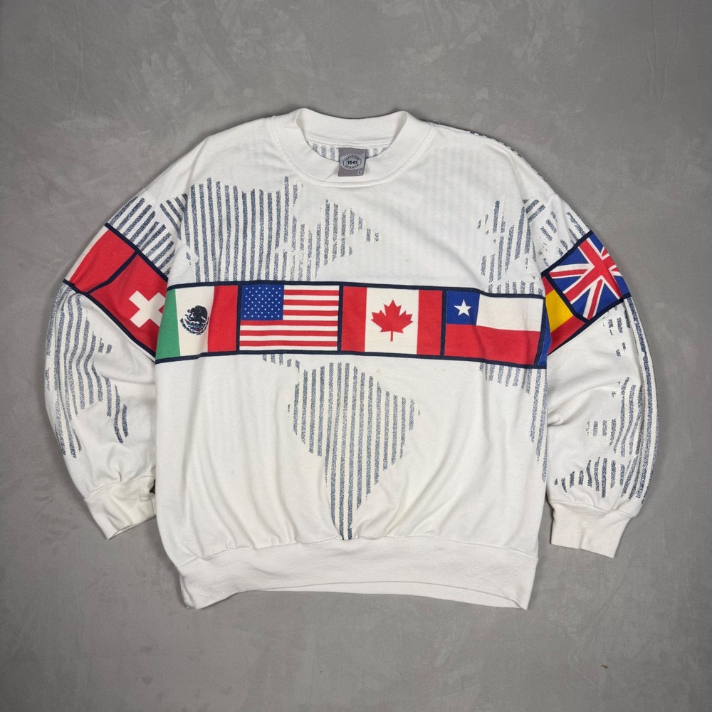 90s Mens Santiago Sporta International Flags World Map Sweatshirt Large